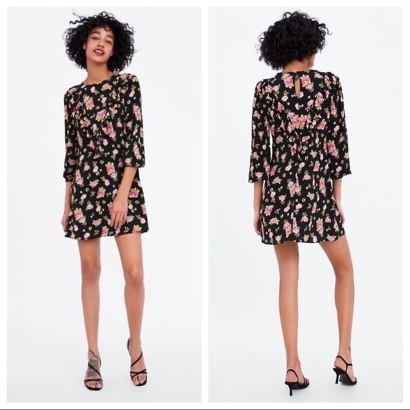 Zara Dresses & Skirts - Zara Black Pink Floral Ruffle 3/4 Sleeve Mini Dress